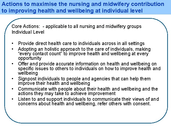 Actions to maximise the nursing and midwifery contribution to improving health and wellbeing at