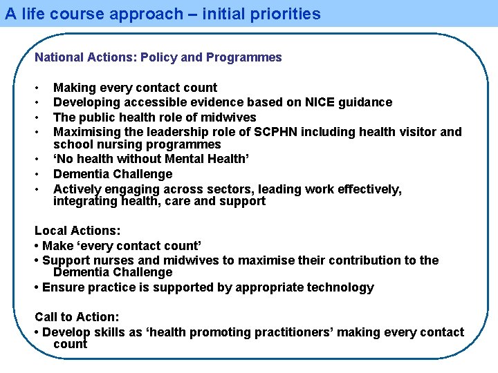 A life course approach – initial priorities National Actions: Policy and Programmes • •