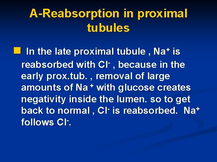 A-Reabsorption in proximal tubules n In the late proximal tubule , Na+ is reabsorbed
