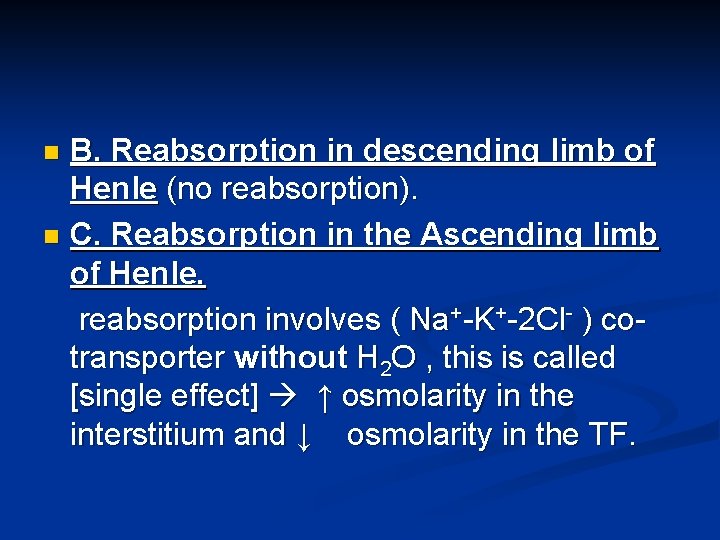 B. Reabsorption in descending limb of Henle (no reabsorption). n C. Reabsorption in the