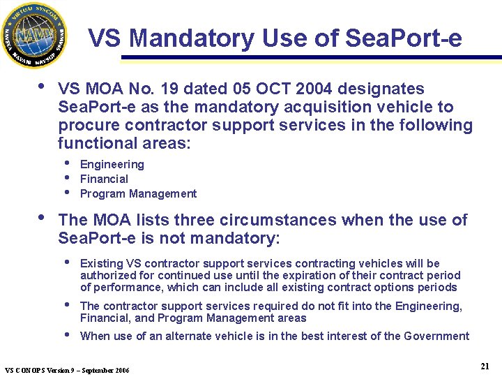 VS Mandatory Use of Sea. Port-e h VS MOA No. 19 dated 05 OCT VS Mandatory Use of Sea. Port-e h VS MOA No. 19 dated 05 OCT