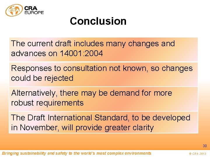 Conclusion The current draft includes many changes and advances on 14001: 2004 Responses to