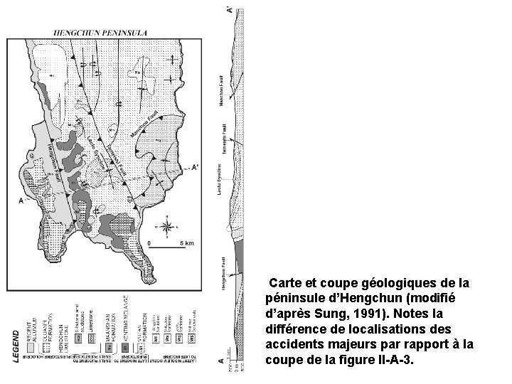 Carte et coupe géologiques de la péninsule d’Hengchun (modifié d’après Sung, 1991). Notes la