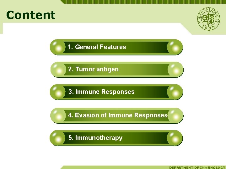 Content 1. General Features 2. Tumor antigen 3. Immune Responses 4. Evasion of Immune