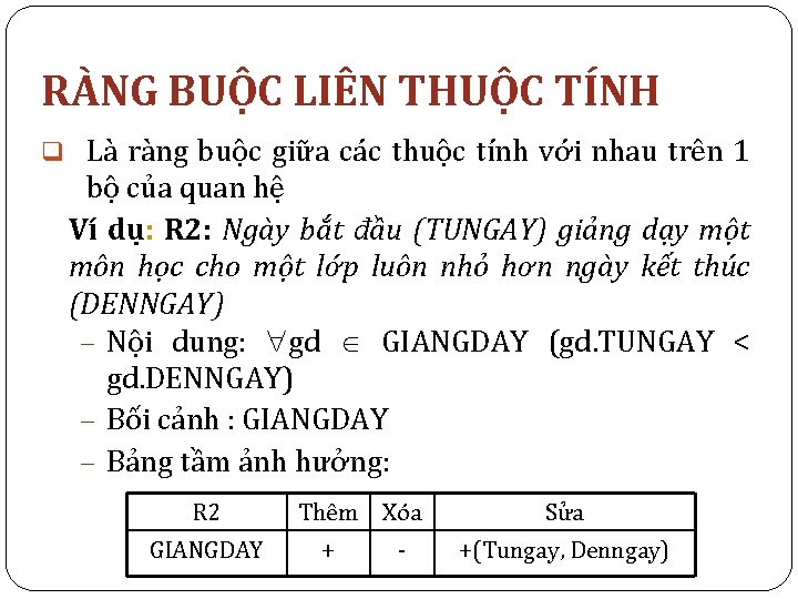 RÀNG BUỘC LIÊN THUỘC TÍNH q Là ràng buộc giữa các thuộc tính với