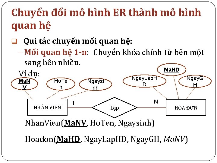 Chuyển đổi mô hình ER thành mô hình quan hệ q Qui tắc chuyển