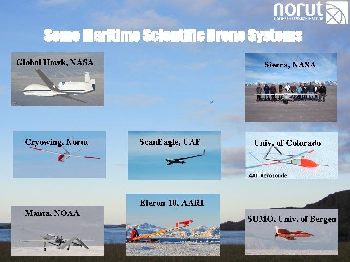 Some Maritime Scientific Drone Systems Global Hawk, NASA Cryowing, Norut Sierra, NASA Scan. Eagle,