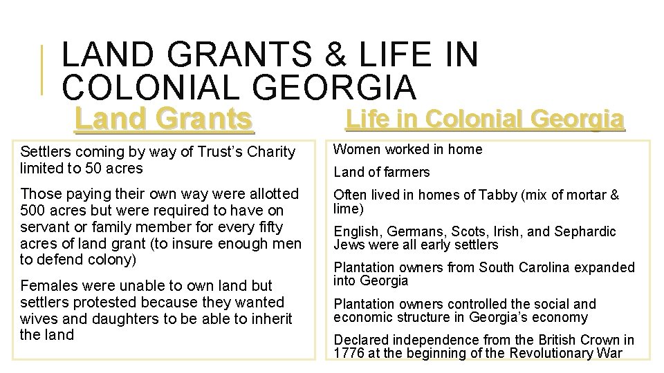 LAND GRANTS & LIFE IN COLONIAL GEORGIA Land Grants Life in Colonial Georgia Settlers