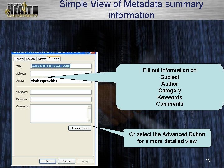 Simple View of Metadata summary information Fill out information on Subject Author Category Keywords