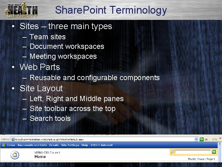 Share. Point Terminology • Sites – three main types – Team sites – Document