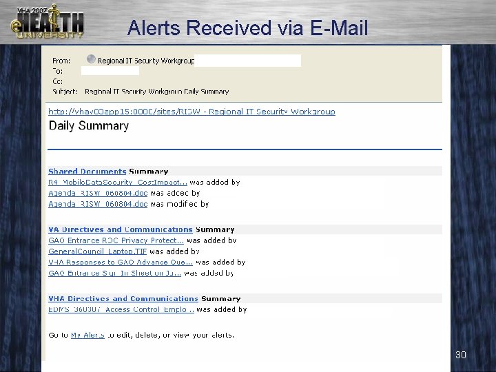 Alerts Received via E-Mail 30 