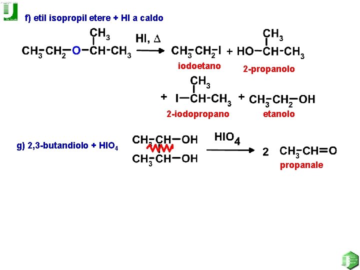 f) etil isopropil etere + HI a caldo iodoetano 2 -iodopropano 2 -propanolo etanolo