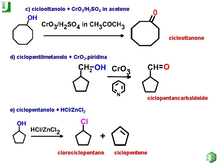 c) cicloottanolo + Cr. O 3/H 2 SO 4 in acetone cicloottanone d) ciclopentilmetanolo