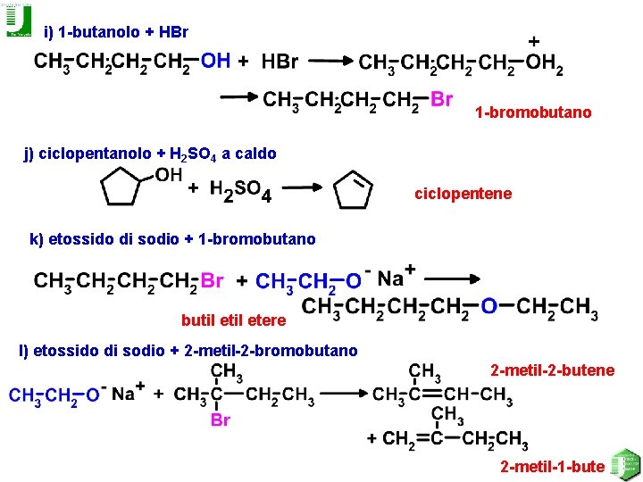 i) 1 -butanolo + HBr 1 -bromobutano j) ciclopentanolo + H 2 SO 4