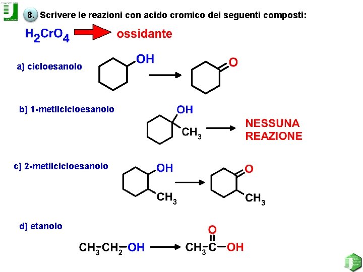 8. Scrivere le reazioni con acido cromico dei seguenti composti: a) cicloesanolo b) 1