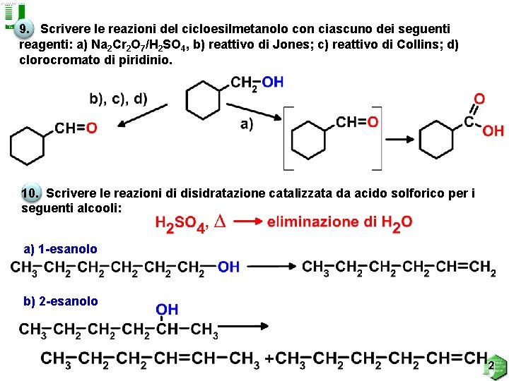 9. Scrivere le reazioni del cicloesilmetanolo con ciascuno dei seguenti reagenti: a) Na 2