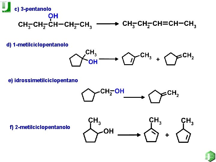 c) 3 -pentanolo d) 1 -metilciclopentanolo e) idrossimetilciclopentano f) 2 -metilciclopentanolo 