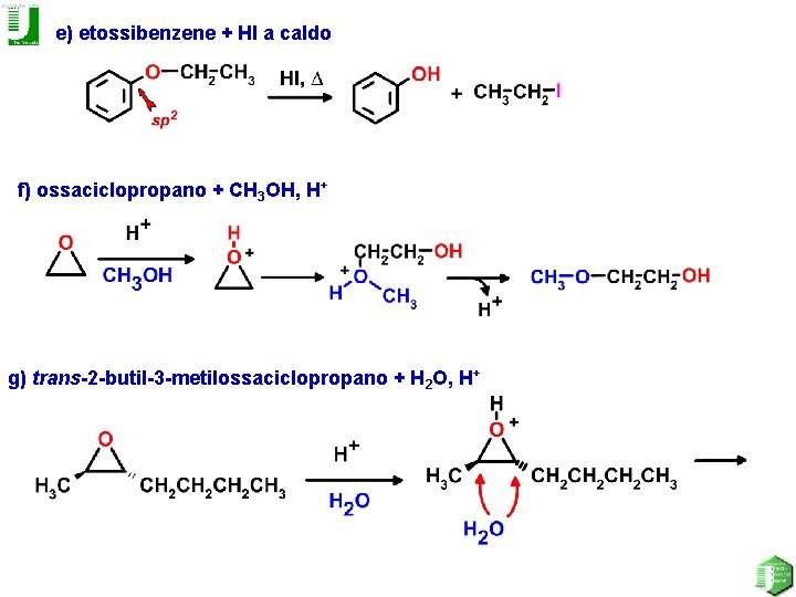 e) etossibenzene + HI a caldo f) ossaciclopropano + CH 3 OH, H+ g)