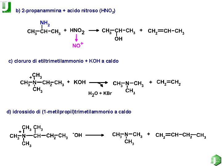 b) 2 -propanammina + acido nitroso (HNO 2) c) cloruro di etiltrimetilammonio + KOH