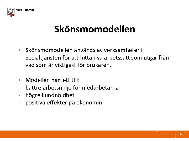 Skönsmomodellen • Skönsmomodellen används av verksamheter i Socialtjänsten för att hitta nya arbetssätt som