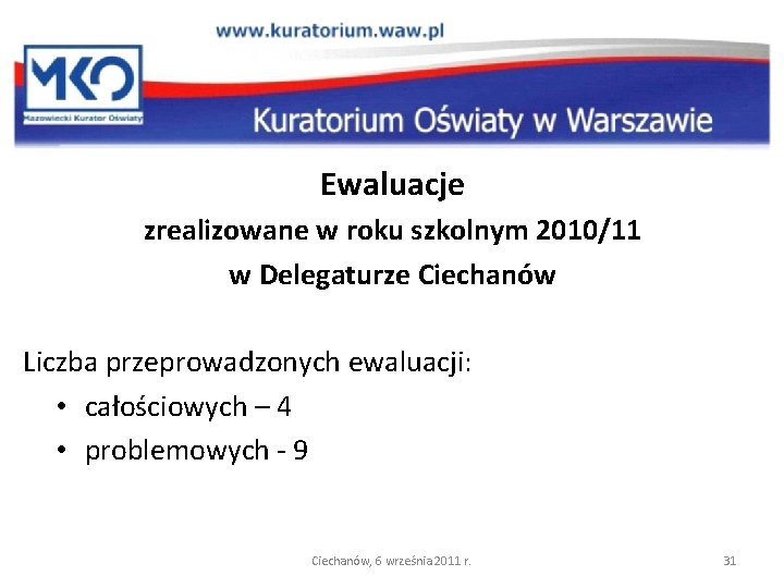 Ewaluacje zrealizowane w roku szkolnym 2010/11 w Delegaturze Ciechanów Liczba przeprowadzonych ewaluacji: • całościowych