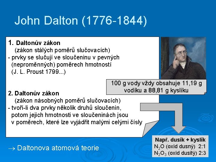 John Dalton (1776 -1844) 1. Daltonův zákon (zákon stálých poměrů slučovacích) - prvky se