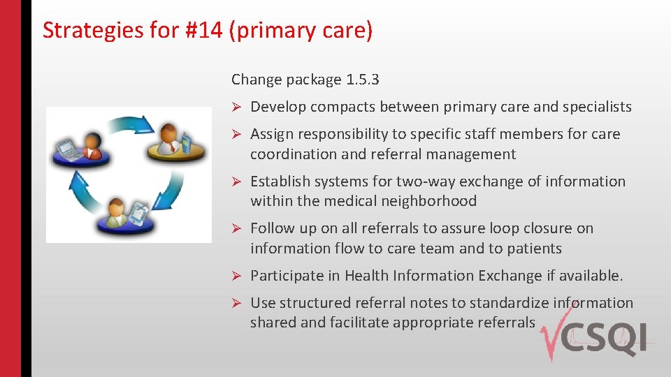 Strategies for #14 (primary care) Change package 1. 5. 3 Ø Develop compacts between