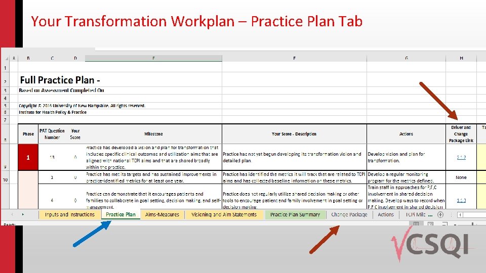 Your Transformation Workplan – Practice Plan Tab 
