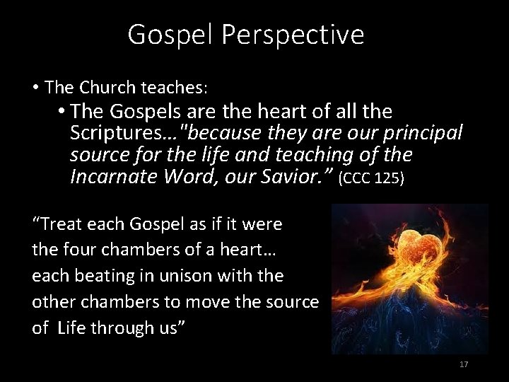 Gospel Perspective • The Church teaches: • The Gospels are the heart of all