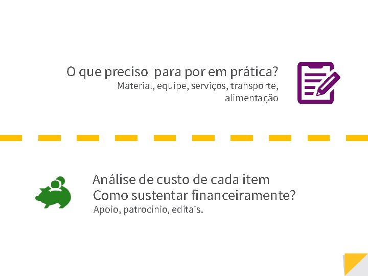 O que preciso para por em prática? Material, equipe, serviços, transporte, alimentação Análise de