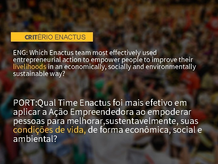 CRITÉRIO ENACTUS ENG: Which Enactus team most effectively used entrepreneurial action to empower people