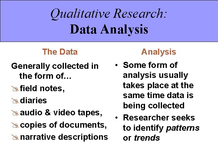 Qualitative Research: Data Analysis The Data Analysis • Some form of Generally collected in