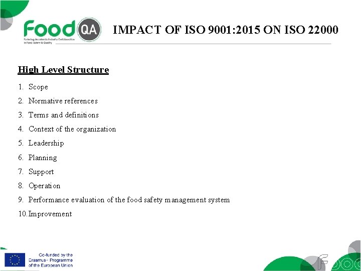 IMPACT OF ISO 9001: 2015 ON ISO 22000 High Level Structure 1. Scope 2.