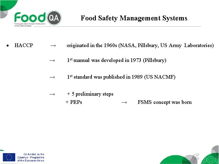 Food Safety Management Systems HACCP → originated in the 1960 s (NASA, Pillsbury, US