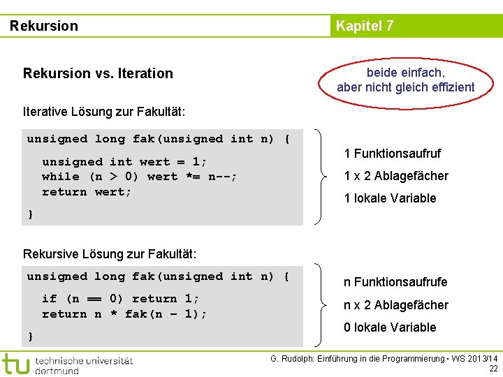 Rekursion Kapitel 7 beide einfach, aber nicht gleich effizient Rekursion vs. Iteration Iterative Lösung