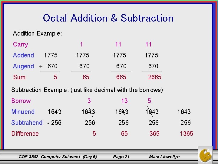 Octal Addition & Subtraction Addition Example: Carry 1 11 1775 Augend + 670 670