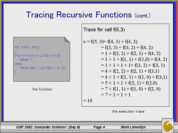 Tracing Recursive Functions (cont. ) Trace for call f(5, 3) int f (int x,