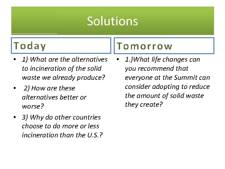 Solutions Today Tomorrow • 1) What are the alternatives to incineration of the solid