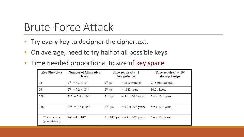 Brute-Force Attack • Try every key to decipher the ciphertext. • On average, need Brute-Force Attack • Try every key to decipher the ciphertext. • On average, need