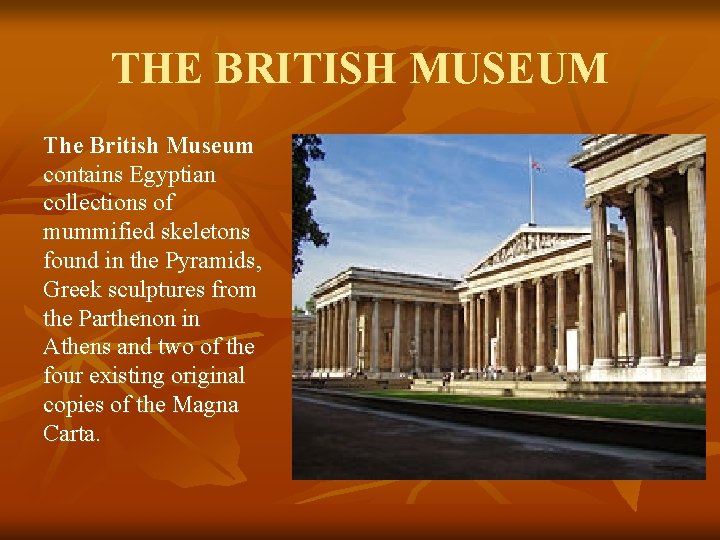 THE BRITISH MUSEUM The British Museum contains Egyptian collections of mummified skeletons found in