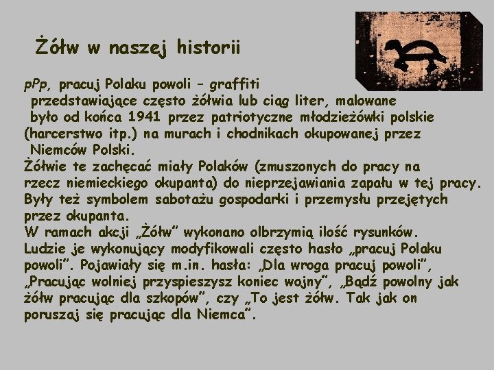 Żółw w naszej historii p. Pp, pracuj Polaku powoli – graffiti przedstawiające często żółwia