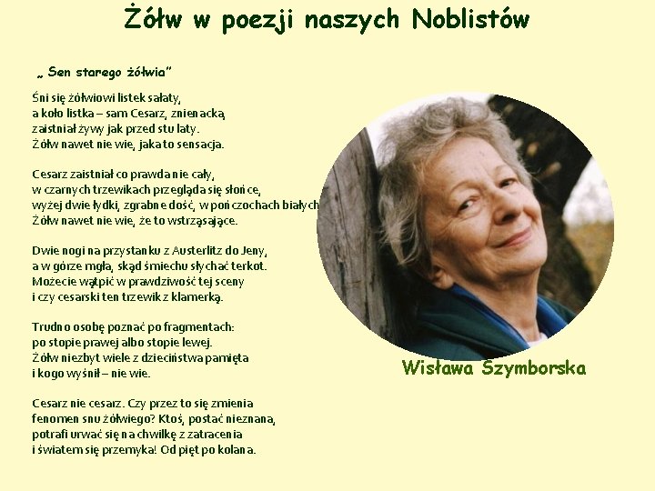 Żółw w poezji naszych Noblistów „ Sen starego żółwia” Śni się żółwiowi listek sałaty,