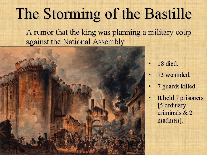 The Storming of the Bastille A rumor that the king was planning a military