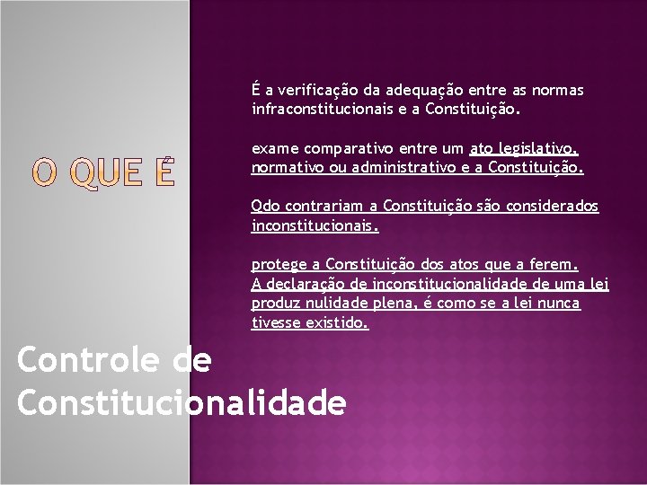 É a verificação da adequação entre as normas infraconstitucionais e a Constituição. exame comparativo