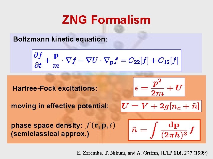 ZNG Formalism Boltzmann kinetic equation: Hartree-Fock excitations: moving in effective potential: phase space density: