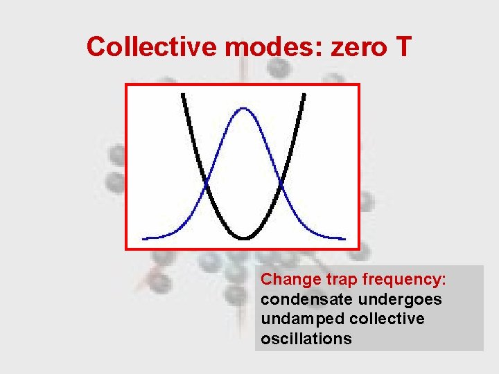 Collective modes: zero T Change trap frequency: condensate undergoes undamped collective oscillations 