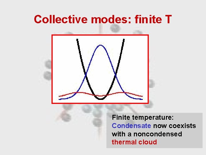 Collective modes: finite T Finite temperature: Condensate now coexists with a noncondensed thermal cloud