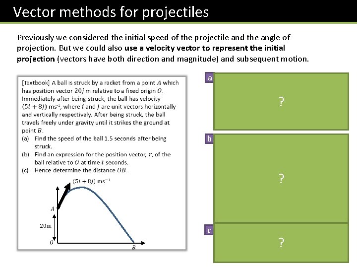 Vector methods for projectiles Previously we considered the initial speed of the projectile and
