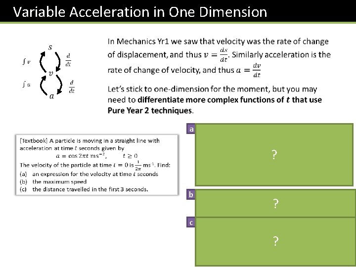 Variable Acceleration in One Dimension a ? b Remember with ‘reverse chain rule’, we