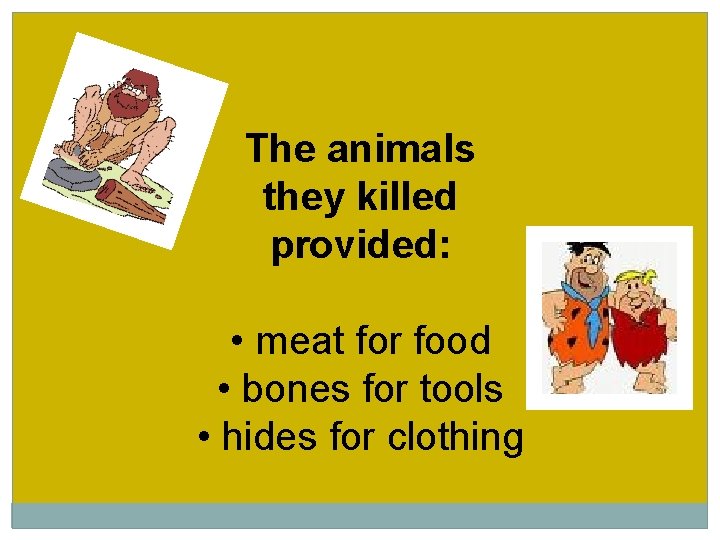 The animals they killed provided: • meat for food • bones for tools •